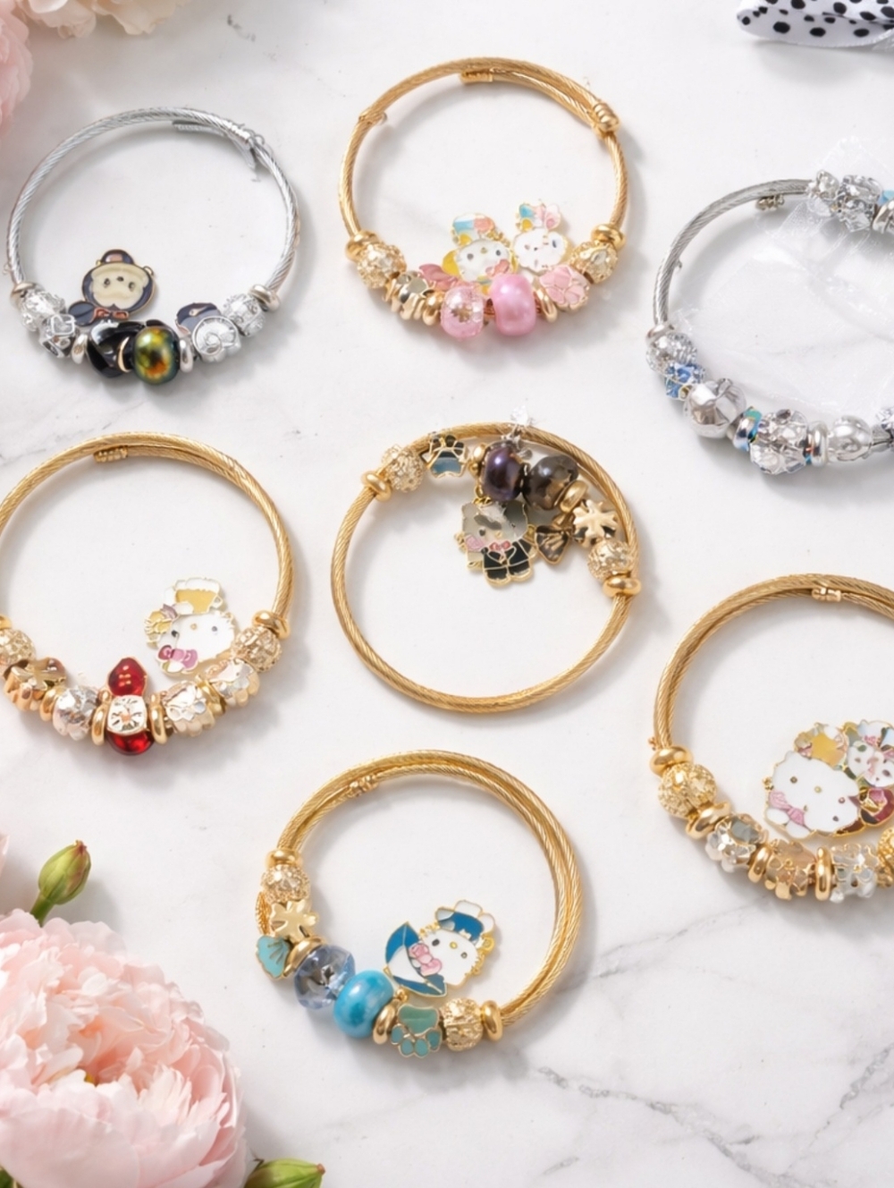 Children's Jewelry- Yellow Gold Flled Pink FloralCharmBangle-Each Bangle Cost$15 - Picture 3 of 6